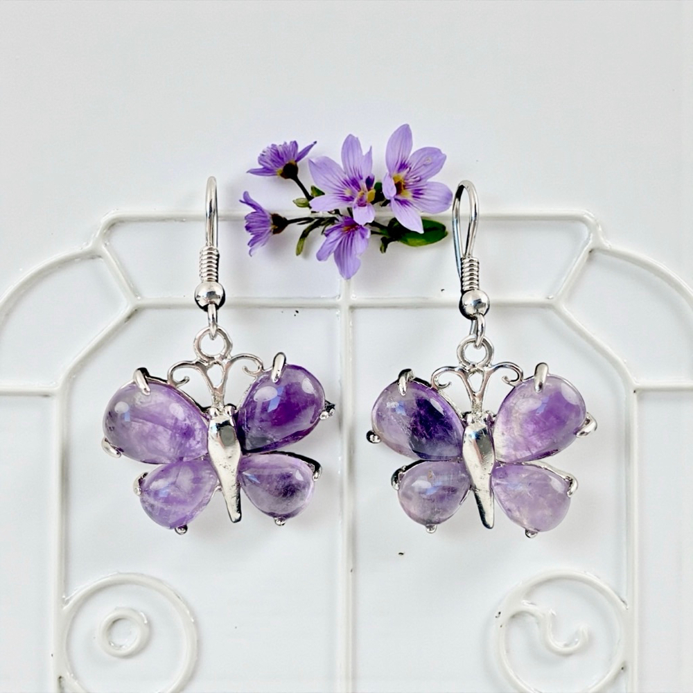 Butterfly Amethyst Drop Earrings Purple Gemstone Sterling Silver Artisan